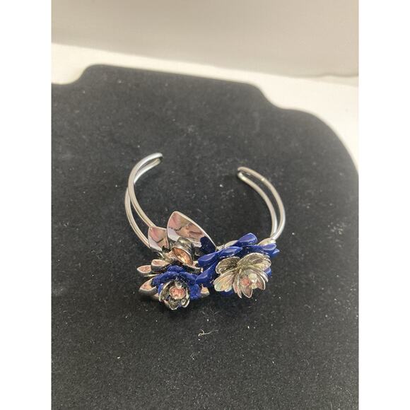 Antique Silver Cuff Bracelet With Beautiful Navy And Silver With Pink Stones - Picture 2 of 5